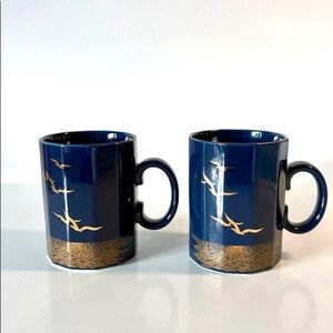 Vintage Otagiri Blue Mugs with Gold Seagulls made in Japan